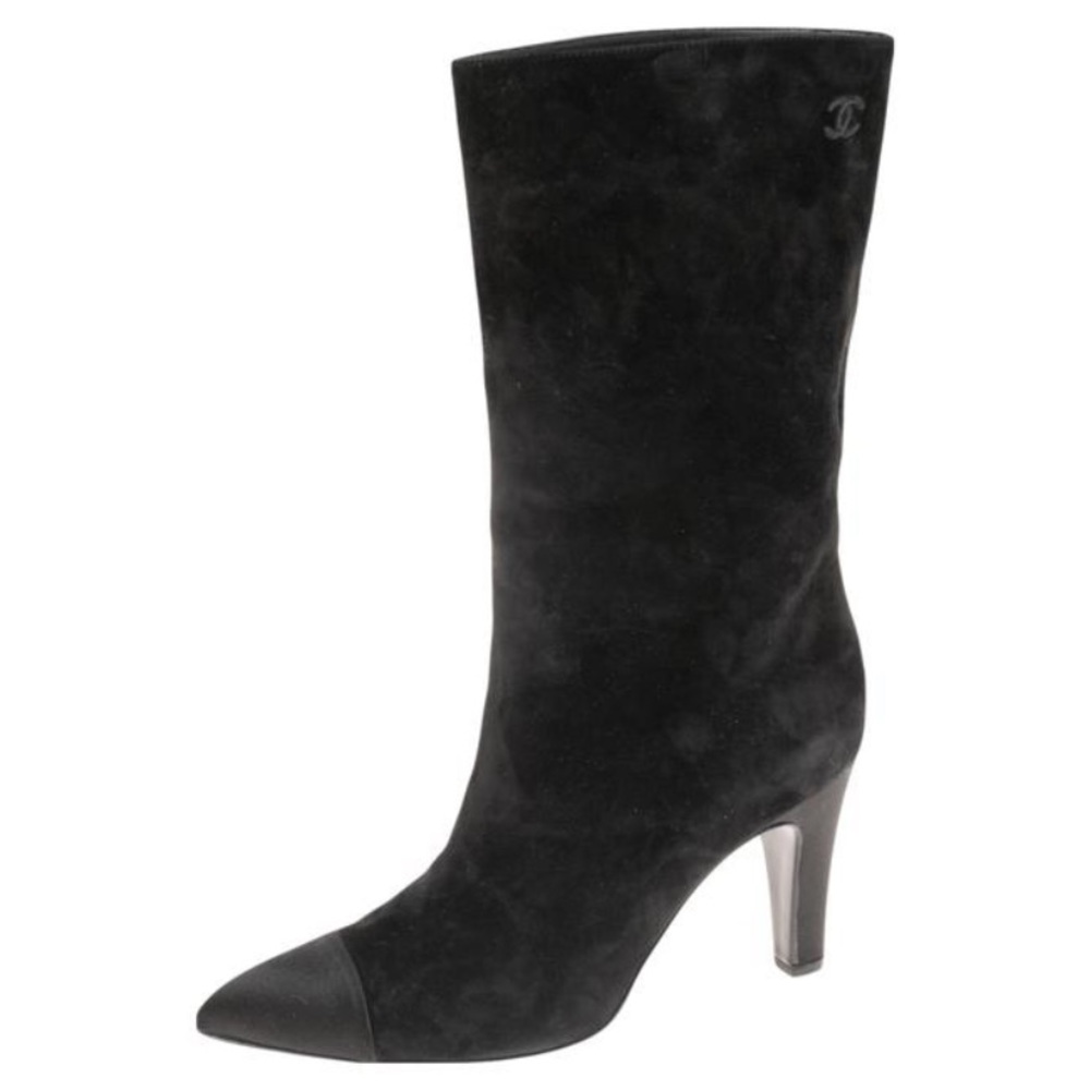 Chanel Black Suede and Satin Gabrielle Cap Toe Mid Calf Boots